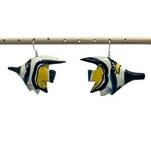 Sterling silver hand painted wood fish earrings - GM435